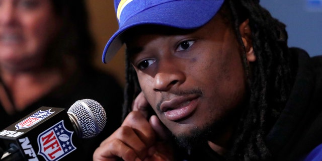 Los Angeles Rams running back Todd Gurley listens to questions during a press conference ahead of the Super Bowl in Atlanta on January 29, 2019.