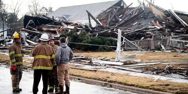 The remains of the damaged historic First Presbyterian Church in Wetumpka, Ala., are seen after a tornado on Saturday, Jan. 19, 2019.