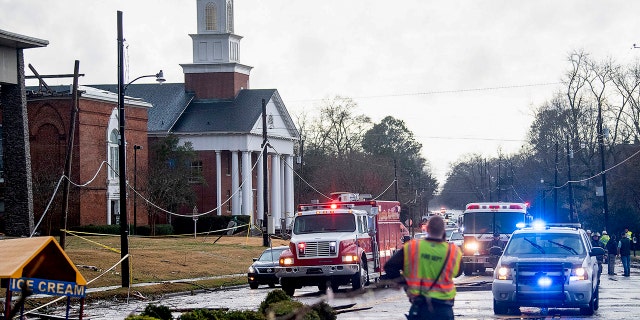 The damaged First Baptist Church is seen after a heavy storm in Wetumpka, Ala., on Saturday, Jan. 19, 2019.