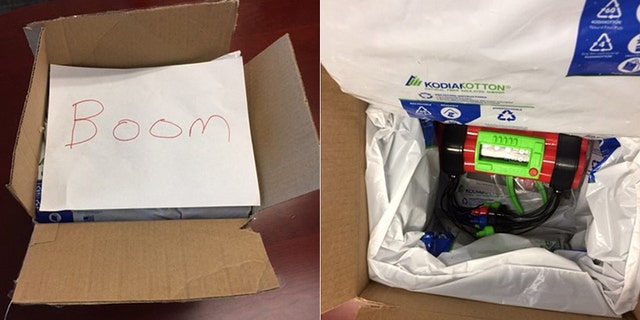 The toy bomb was insulated with plastic packaging and contained a red cylinder-shaped object with protruding wires, along with a handwritten note with the word "boom."