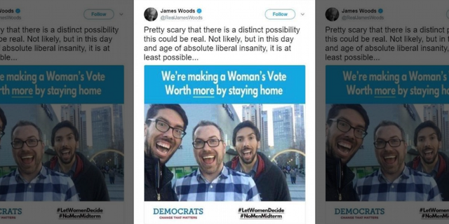 The meme that Woods posted in July said #LetWomenDecide and #NoMenMidterm. Woods acknowledged the tweet was "not likely" real. (Twitter)