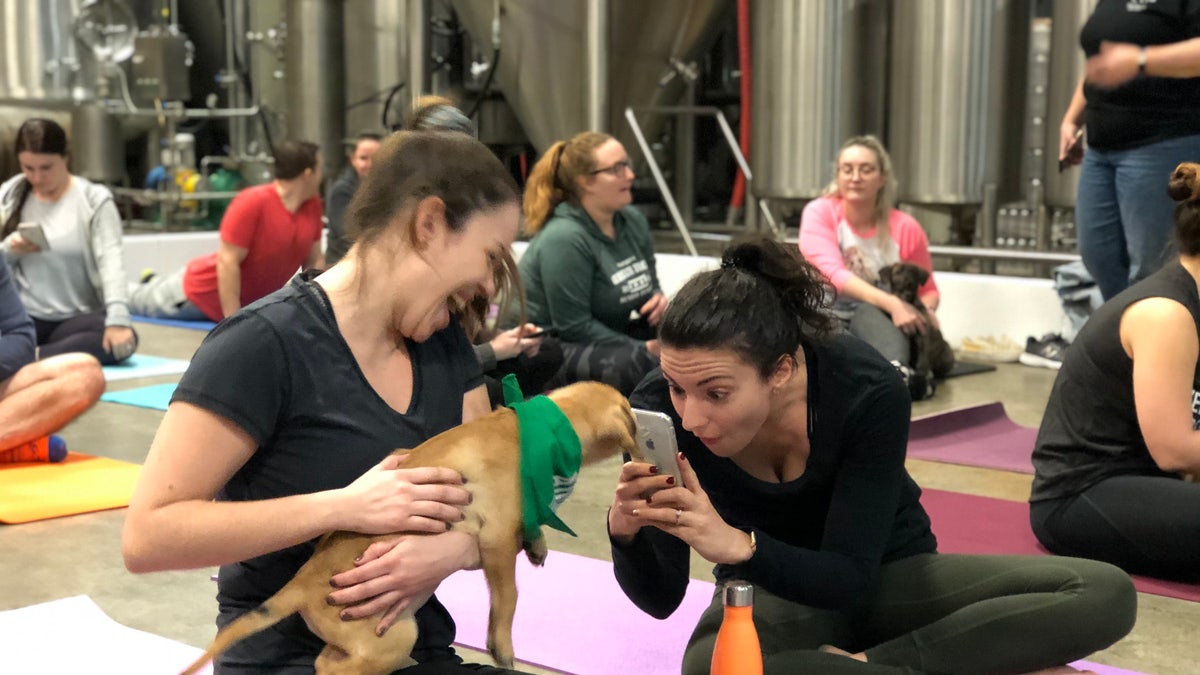 A participant takes a photo with Scout the puppy. (JULIAN BROWN)