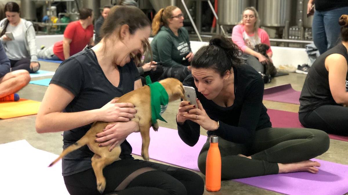 A participant takes a photo with Scout the puppy. (JULIAN BROWN)
