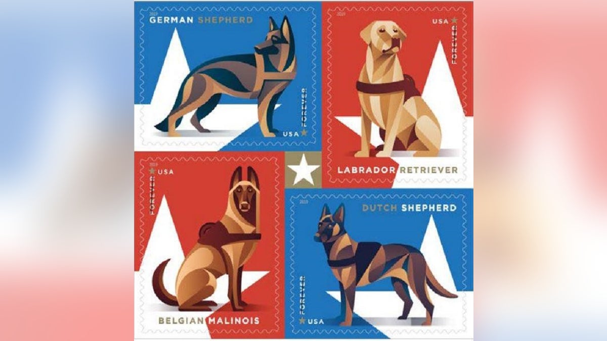 The U.S. Postal Service will issue booklets of 20 stamps to honor the military service dogs later this year. (U.S. Postal Service)