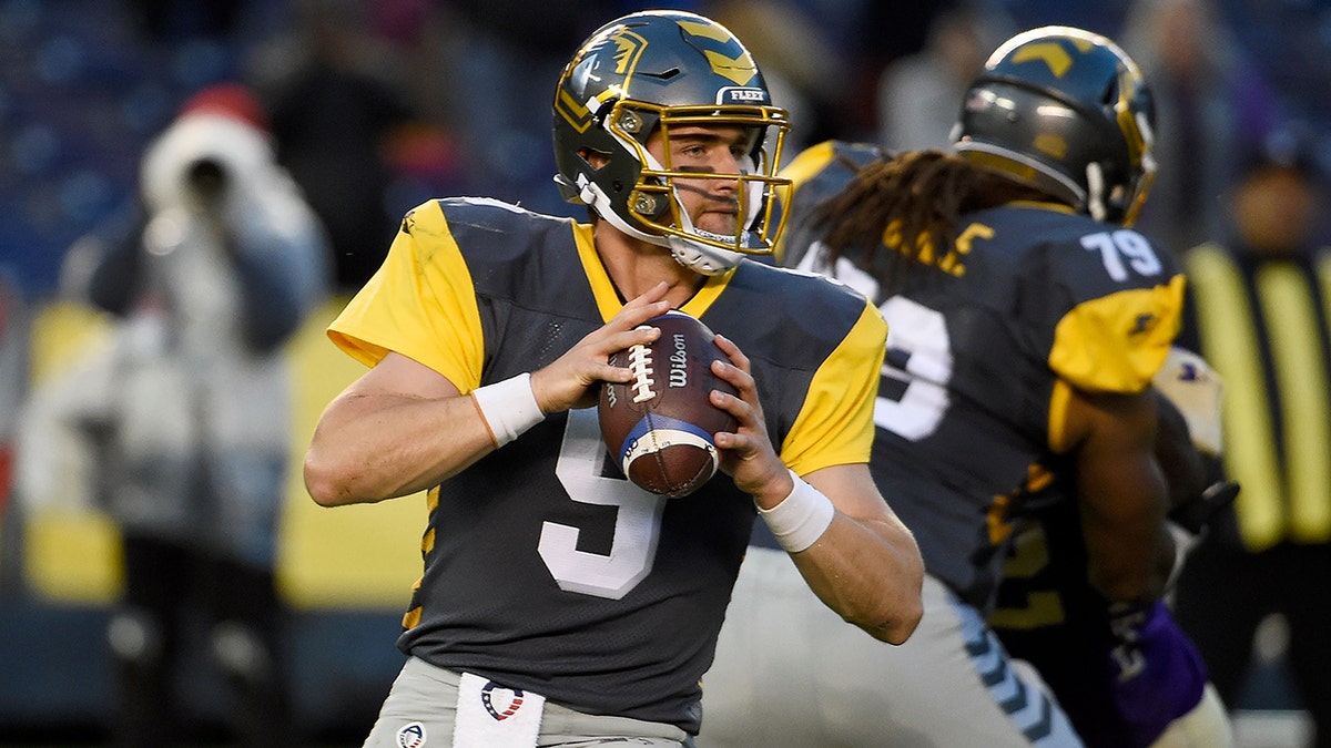 Philip Nelson #9 of the San Diego Fleet drops back to pass in the first quarter against the Atlanta Legends during the Alliance of American Football game at SDCCU Stadium on February 17, 2019, in San Diego, California.