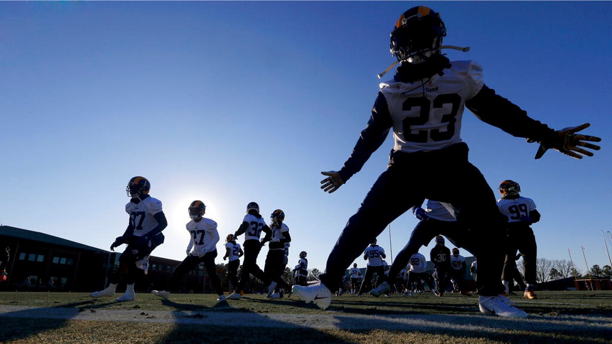 Los Angeles Rams workout during NFL football practice, Thursday, Jan. 31, 2019, in Flowery Branch, Ga., as they prepare for Super Bowl 53 against the New England Patriots. (AP Photo/John Bazemore)