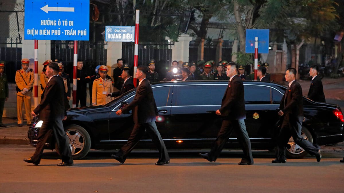 The motorcade carrying North Korea leader Kim Jong Un leave the North Korea embassy in Hanoi, Vietnam, Tuesday.
