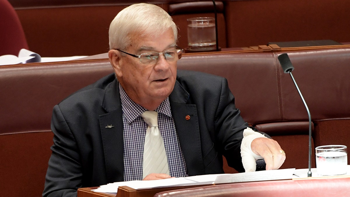 Senator Brian Burston, pictured with a bandage on his hand, admitted that he had smeared his blood on the door of One Nation leader Pauline Hanson's door after a scuffle with her aide in the parliament halls.