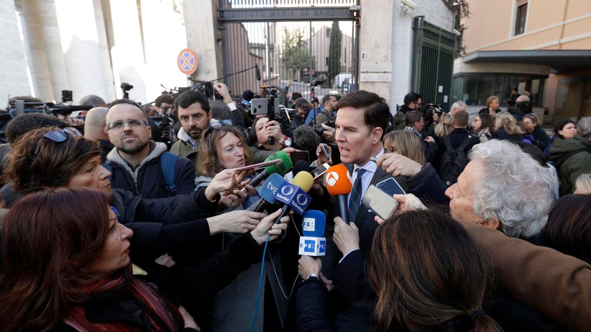 Chilean survivor Juan Carlos Cruz talks to journalists at the end of a meeting with organizers of a summit on preventing sexual abuse, at the Vatican, Wednesday, Feb. 20, 2019. A dozen survivors of clergy sexual abuse met with organizers of Pope Francis' landmark summit on preventing abuse and protecting children. (AP Photo/Gregorio Borgia)