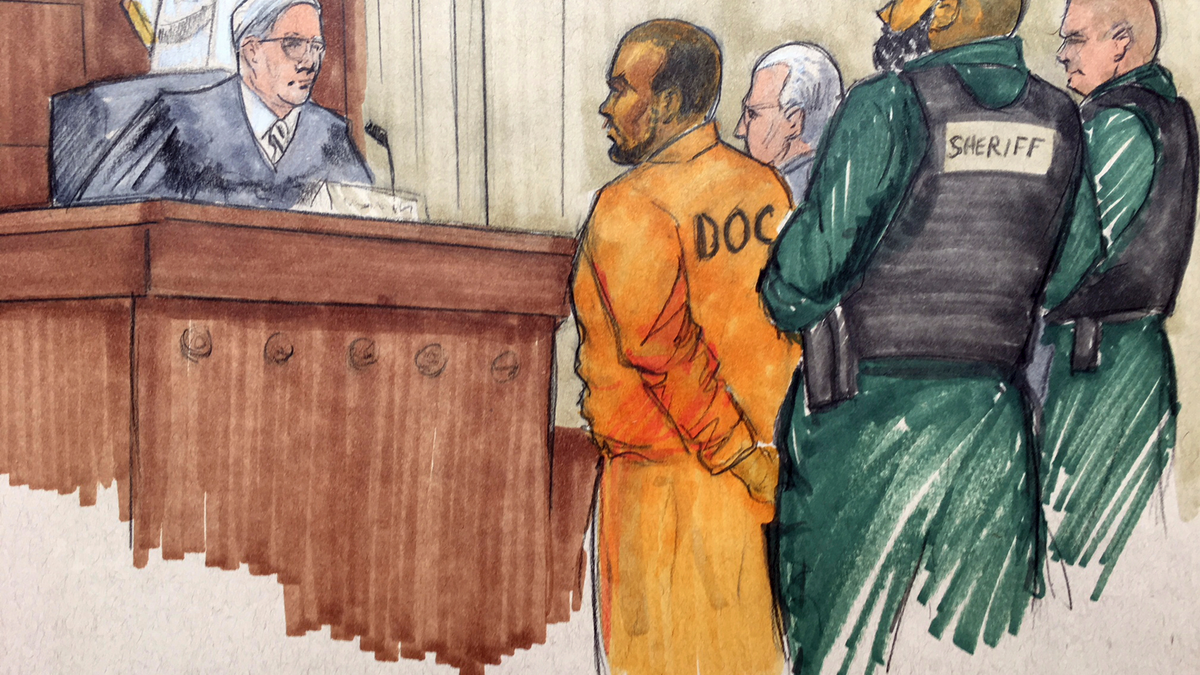 In this courtroom sketch, R&amp;B singer R. Kelly appears before Cook County Associate Judge Lawrence Flood with his attorney Steve Greenberg Monday, Feb. 25, 2019, at the Leighton Criminal Courthouse in Chicago. Kelly's attorney entered not guilty pleas on the singer's behalf after Kelly was charged with sexually abusing four victims dating back to 1998, including three underage teenagers. (Tom Gianni via AP)