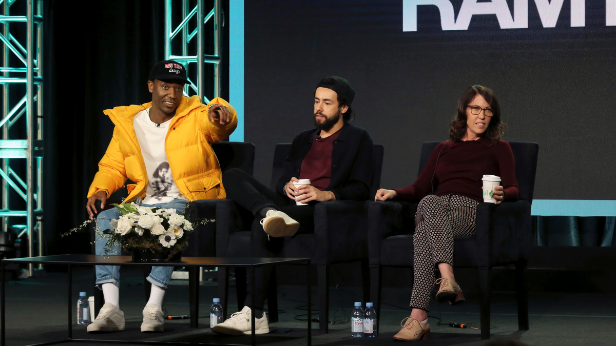 In this Feb. 11, 2019 file photo, Jerrod Carmichael, from left, Ramy Youssef and Bridget Bedard participate in the "Ramy" panel during the Hulu presentation at the Television Critics Association Winter Press Tour in Pasadena, Calif. Carmichael lamented what he called the "terrible" state of TV comedy, asked his audience if they'd seen some of it.