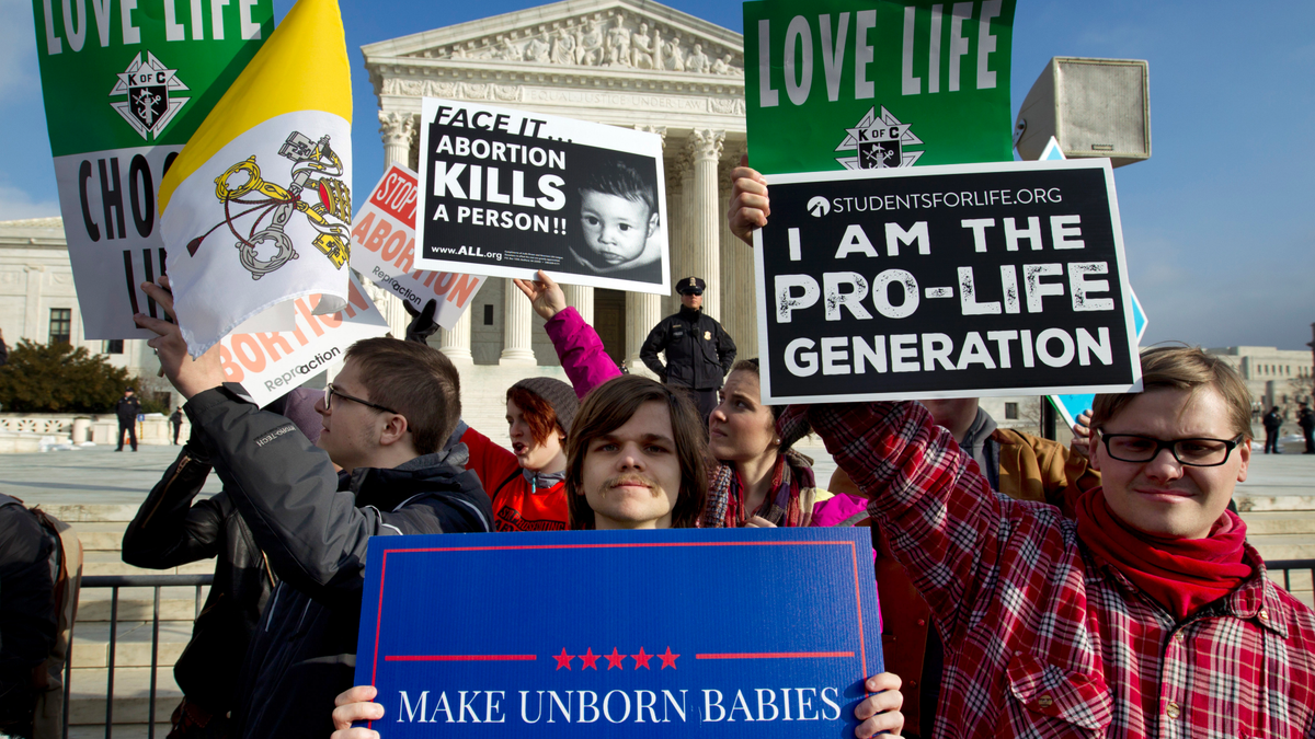 FILE - In this Friday, Jan. 18, 2019 file photo, anti-abortion activists protest outside of the U.S. Supreme Court, during the March for Life in Washington. (AP Photo/Jose Luis Magana)