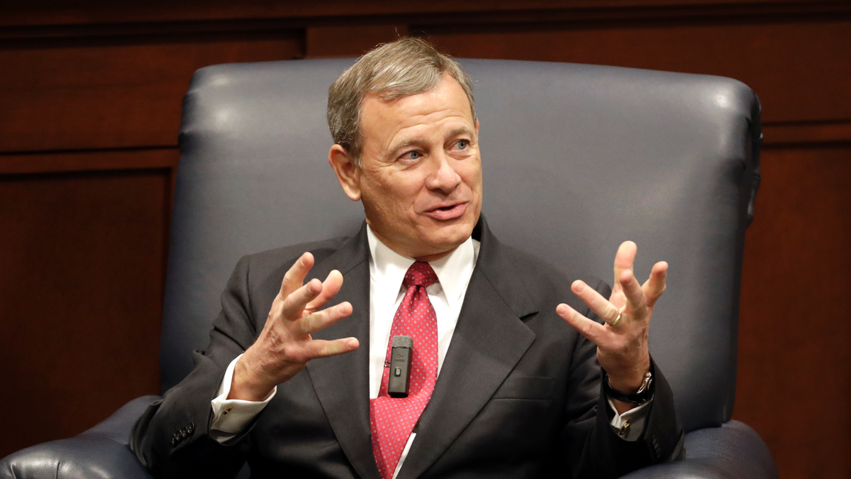 Supreme Court Chief Justice John Roberts answers questions during an appearance at Belmont University Wednesday, Feb. 6, 2019, in Nashville, Tenn. (AP Photo/Mark Humphrey)