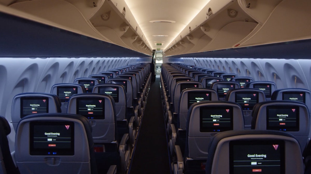 Delta also boasts of the aircraft's "state-of-the-art interior featuring seat-back screens."