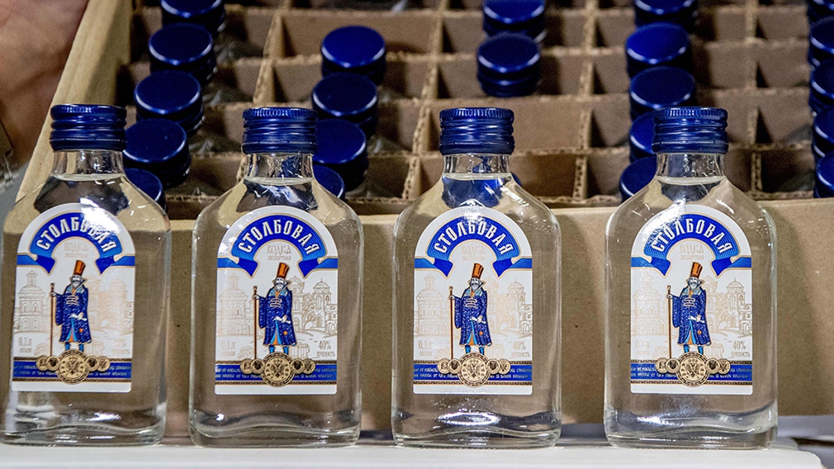Picture shows vodka bottles that were seized by the customs authorities in the port of Rotterdam, on February 26, 2019.