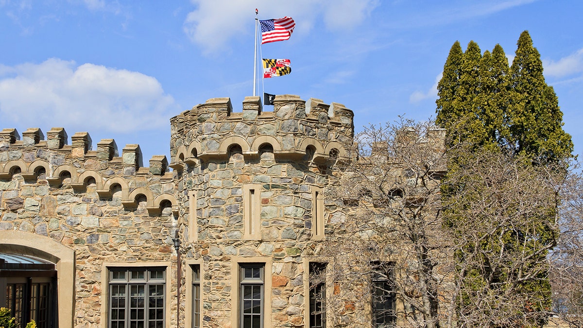 A stone castle-shaped building at the Fort Ritchie site in northern Maryland. The fort was shut down in 1998 as a result of base realignment.