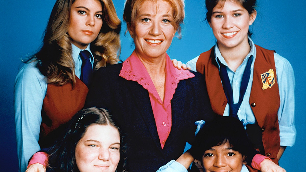 The "Facts of Life" family: Lisa Whelchel as Blair Warner, Charlotte Rae as Mrs. Edna Ann Garrett, Nancy McKeon as Joanna 'Jo' Marie Polniaczek, Kim Fields as Dorothy 'Tootie' Ramsey, Mindy Cohn as Natalie Letisha Sage Green.