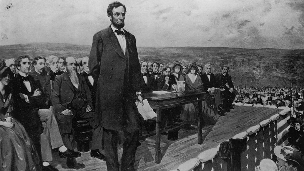 Abraham Lincoln, the 16th President of the United States of America, making his famous 'Gettysburg Address' speech at the dedication of the Gettysburg National Cemetery 