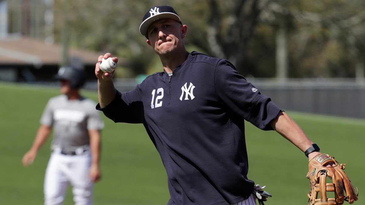 New York Yankees shortstop Troy Tulowitzki does drills at the Yankees spring training baseball facility, Thursday, Feb. 21, 2019, in Tampa, Fla.