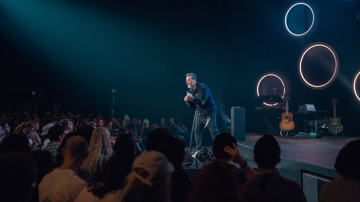Pastor Erwin McManus speaks at a Sunday service at Mosaic church at their location on the corner of Hollywood Boulevard and La Brea.