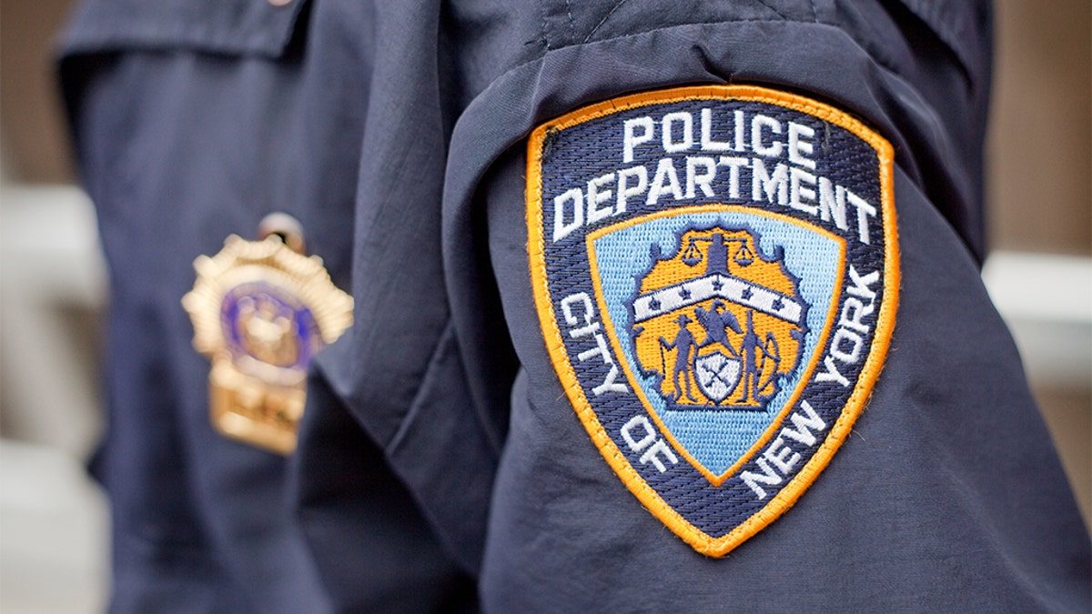 The crest on the jacket of a New York City Police Officer while on patrol.