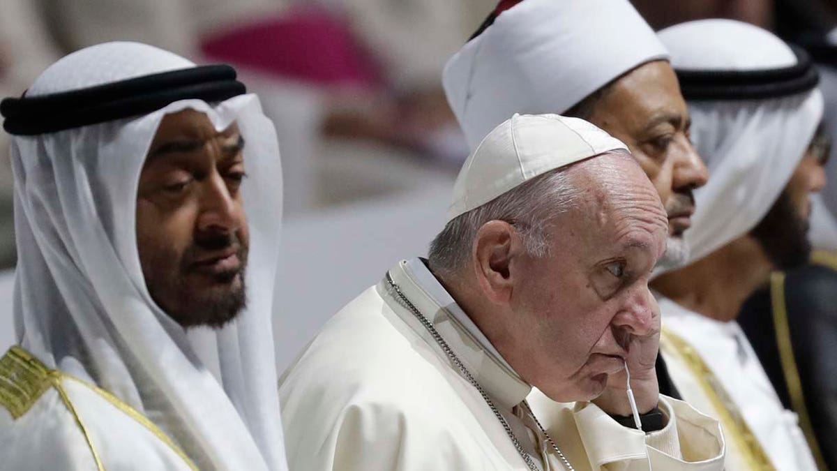 Pope Francis and Crown Prince Sheikh Mohammed bin Zayed, left, attend an Interreligious meeting at the Founder's Memorial in Abu Dhabi, United Arab Emirates, Monday, Feb. 4, 2019. Pope Francis arrived in Abu Dhabi on Sunday. His visit represents the first papal trip ever to the Arabian Peninsula, the birthplace of Islam. (AP Photo/Andrew Medichini)