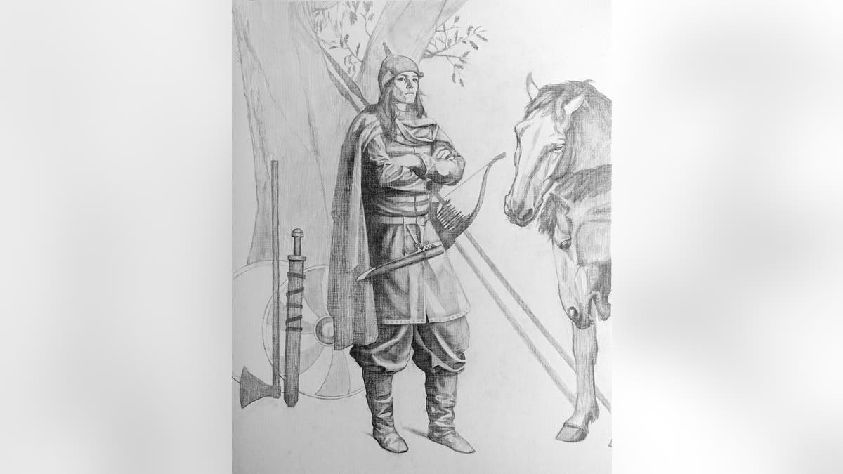 Artist's impression of the occupant of grave Bj.581 as a high-status female warrior.