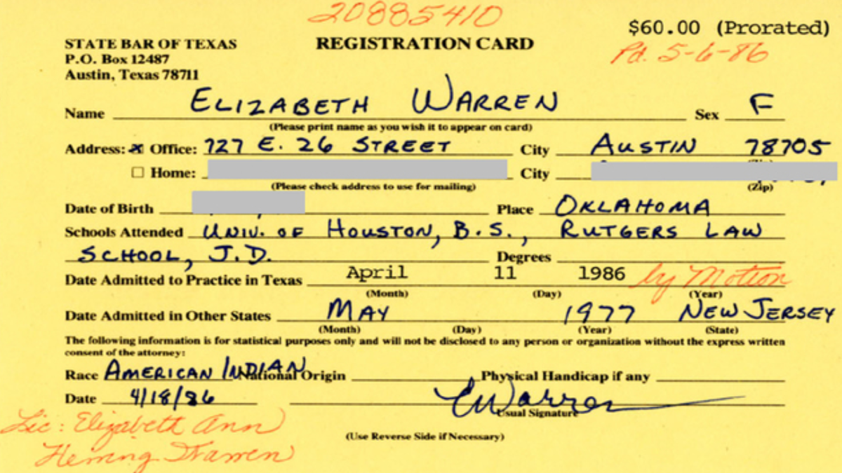 Elizabeth Warren's 1986 bar card. (State Bar of Texas)