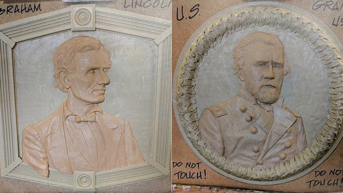 A proposed Civil War memorial in a small Maryland town may include a sculpted portrait of Abraham Lincoln (left), Ulysses S. Grant (right) and other historic figures. Most problematic is the idea to include Lincoln's assassin, John Wilkes Booth