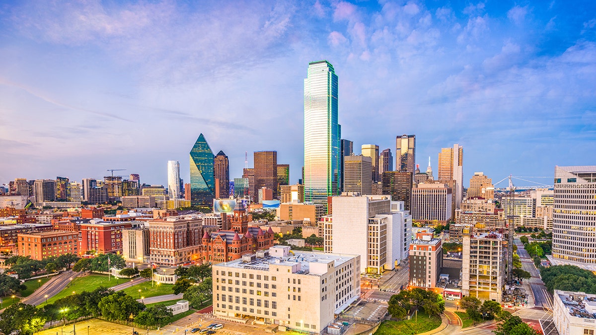 Dallas, Texas, USA downtown skyline at dusk.