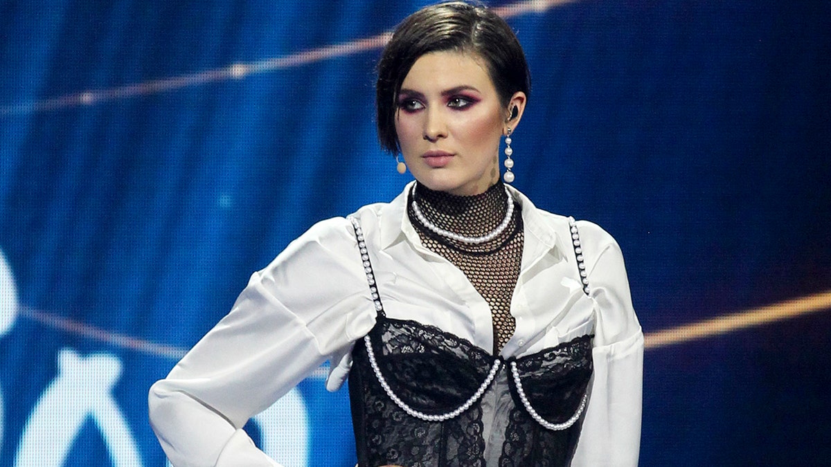 In this photo taken on Sunday, Feb. 24, 2019, Anna Korsun, who performs under the name of Maruv poses for a photo on stage at the national nomination for Eurovision in Kiev, Ukraine. Ukraine has pulled out of this year's Eurovision song contest following a politics-laden dispute between the singer who won the national competition and the country's national public broadcaster. (AP Photo/Vladimir Donsov, File)