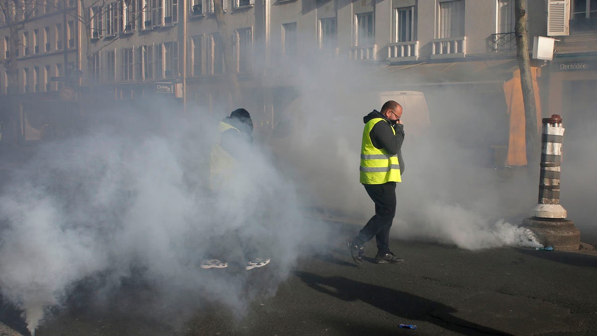 Yellow vest protesters walk through tear gas during a demonstration Saturday, Feb.16, 2019 in Paris.