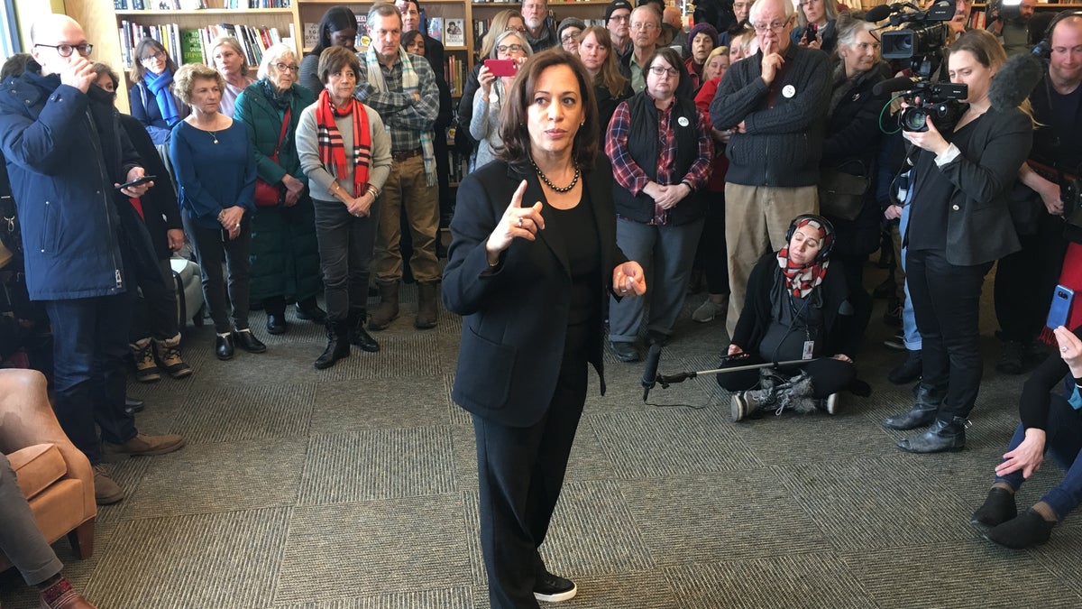 Sen. Kamala Harris talking to a crowd at Gibson's Bookstore in Concord, N.H.