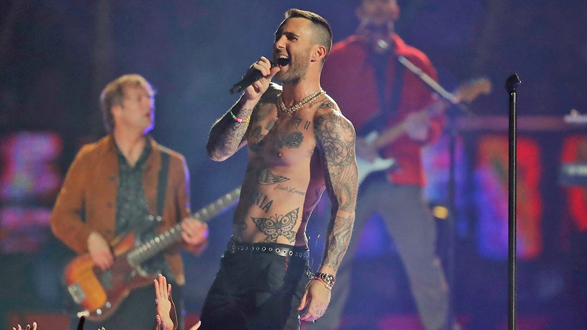 Adam Levine of Maroon 5 performs during halftime of the NFL Super Bowl 53 football game between the Los Angeles Rams and the New England Patriots Sunday, Feb. 3, 2019, in Atlanta. (AP Photo/Jeff Roberson)