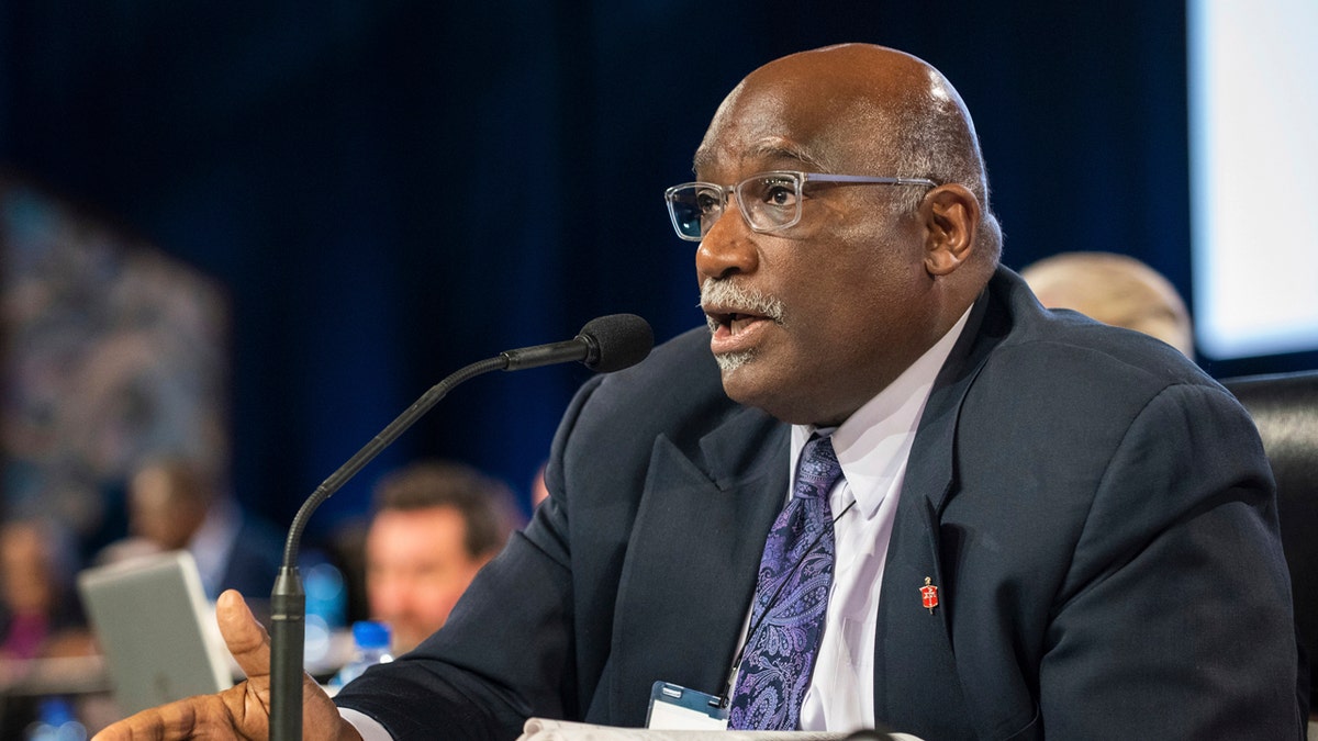 The Rev. Gregory Palmer, west Ohio Bishop, speaks during the 2019 Special Session of the General Conference of The United Methodist Church in St. Louis, Mo., Tuesday, Feb. 26, 2019.