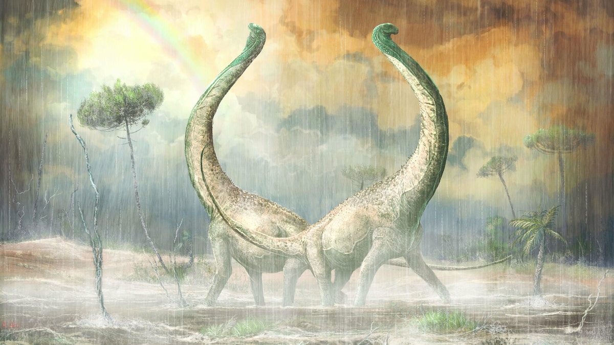 Illustration depicting Mnyamawamtuka in its environmental setting. (Credit: Mark Witton)
