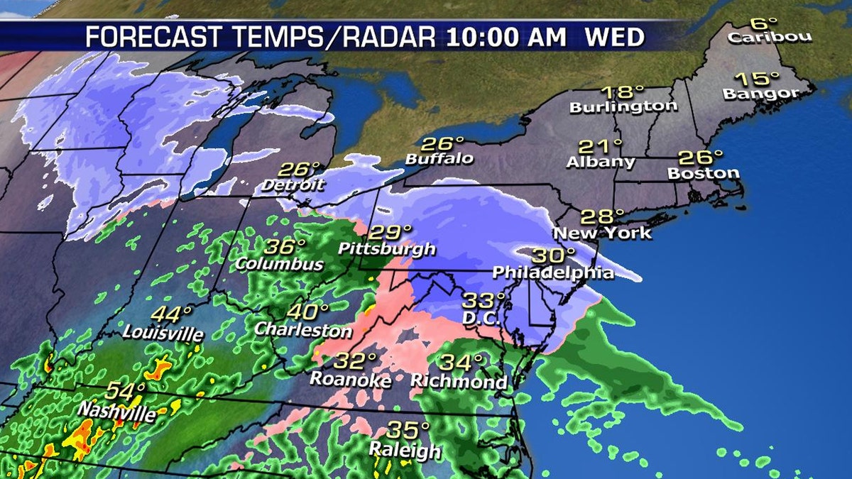 Snow will impact the major cities across the Northeast by midday on Wednesday.