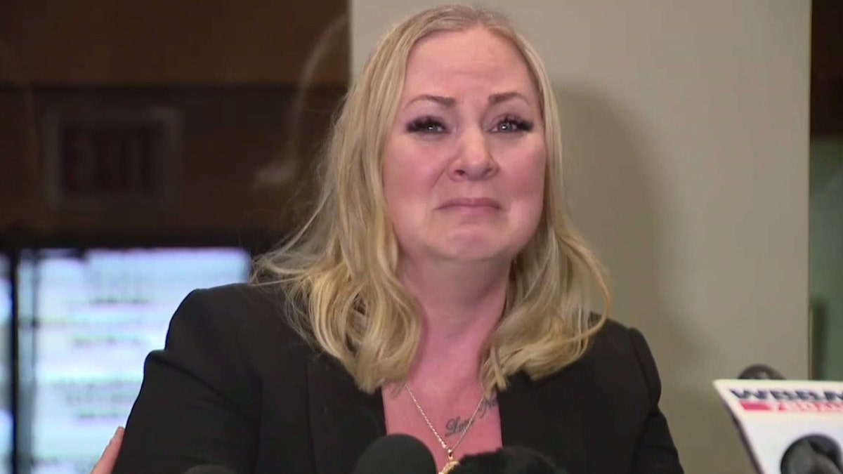 An emotional Tiffany Van Dyke speaks during a news conference on Thursday.