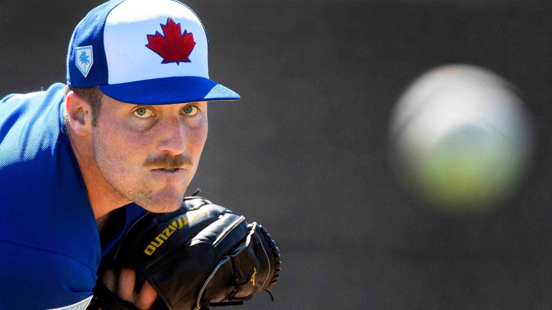 Toronto Blue Jays pitcher Sean Reid-Foley throws during a spring training baseball practice in Dunedin, Florida, Feb. 14, 2019. 