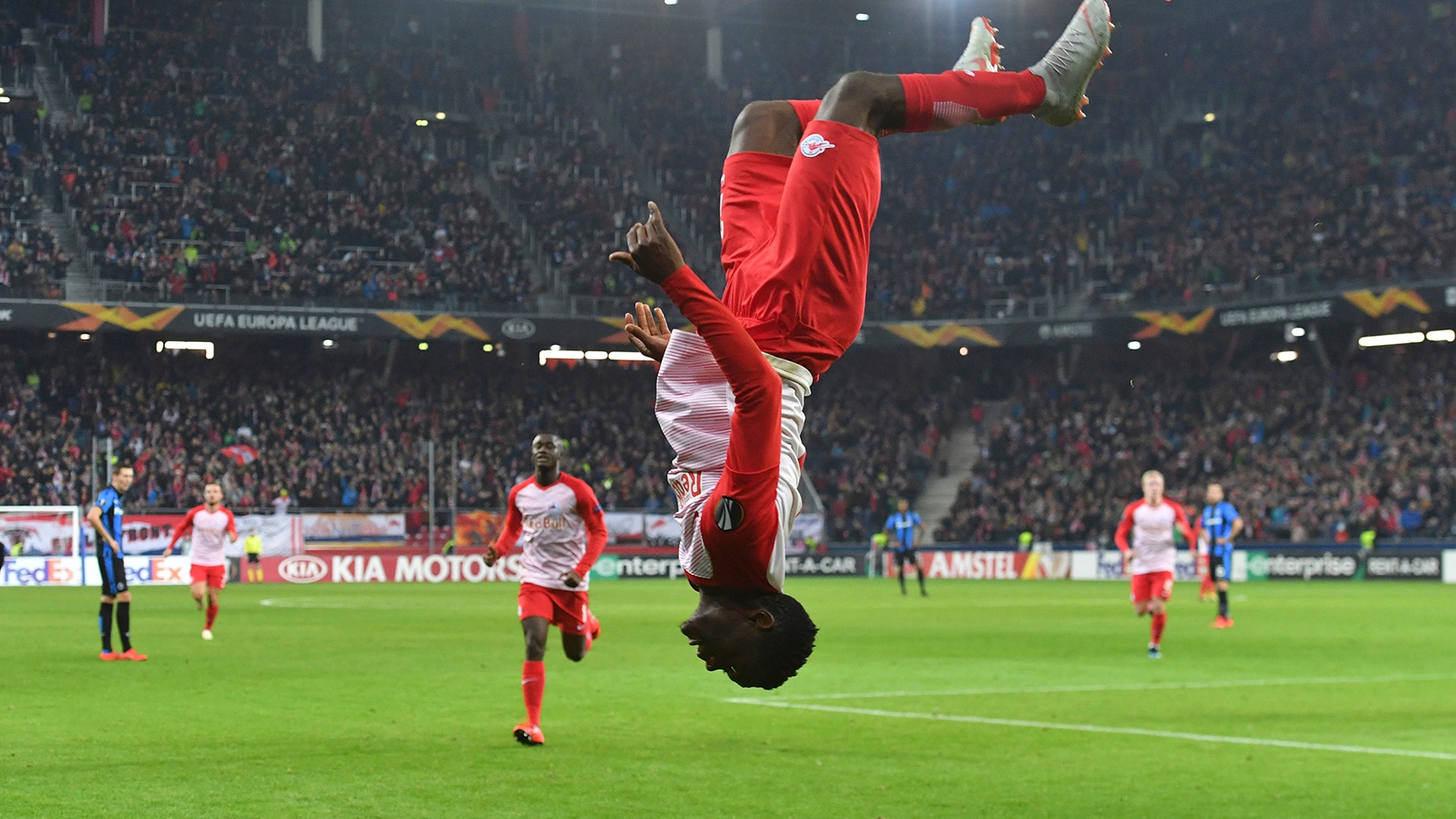 Salzburg's Patson Daka celebrates after scoring during the Europa League soccer match between FC Salzburg and Club Brugge in Salzburg, Austria, Feb. 21, 2019. 