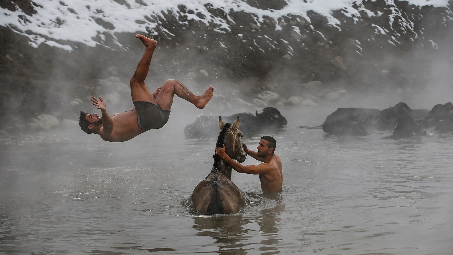Muhammed and Berkan Toren enjoy a hot spring along with their water buffaloes near the village of Budakli, in the mountainous Bitlis province of southeastern Turkey, January 26, 2019. 
