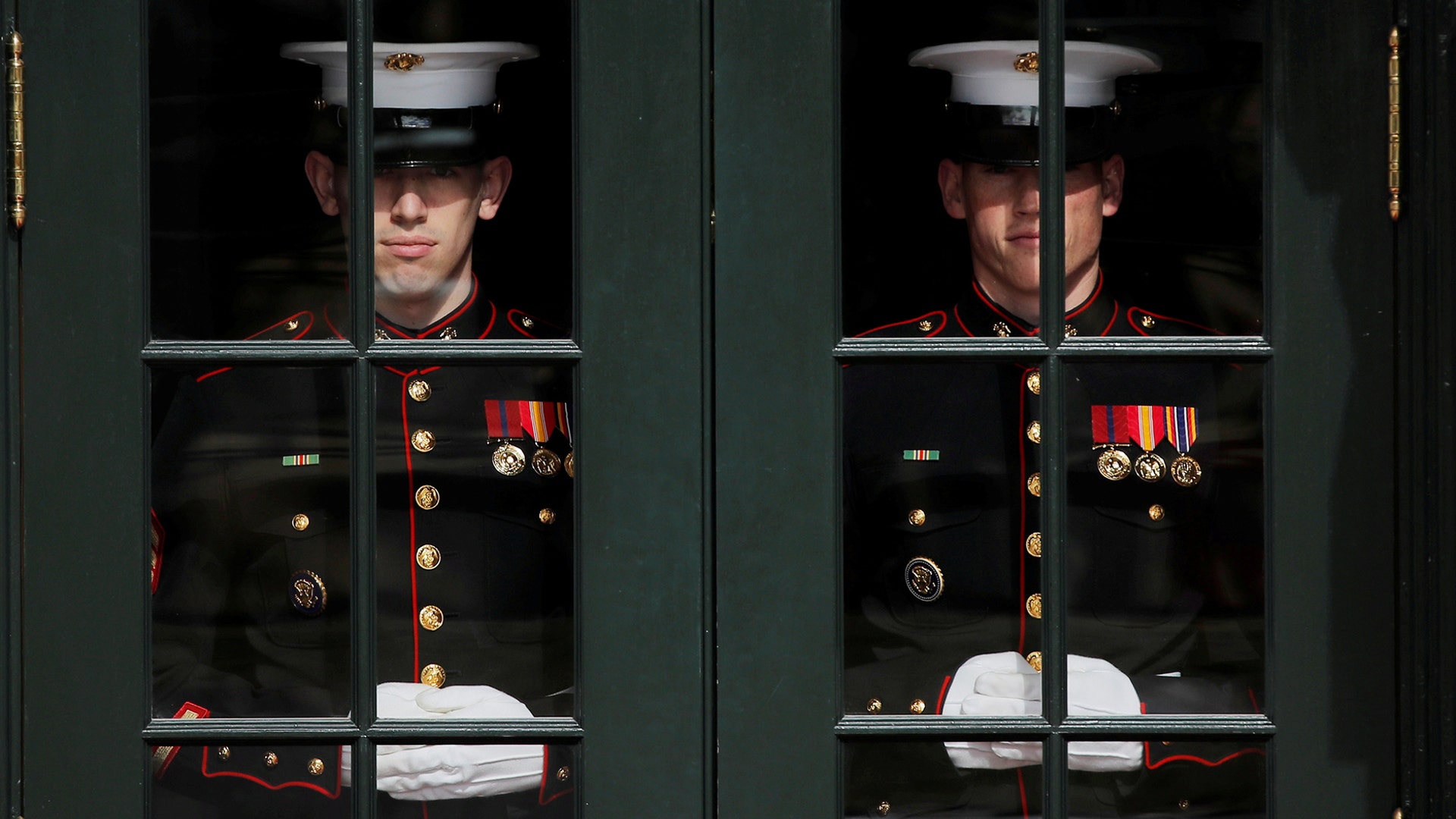 U.S. Marines stand their post prior to U.S. President Donald Trump and first lady Melania Trump welcoming Colombian President Ivan Duque to the White House in Washington, Feb. 13, 2019. 