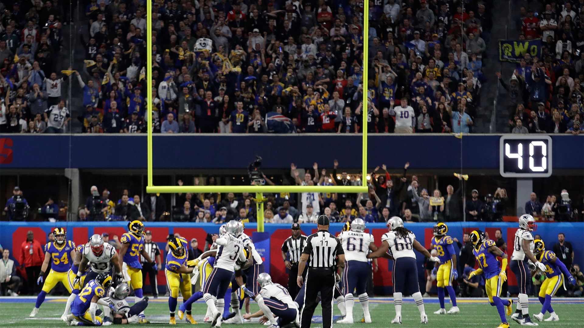 New England Patriots Stephen Gostkowski misses a field goal during the first half of the Super Bowl in Atlanta, February 3. 2019.