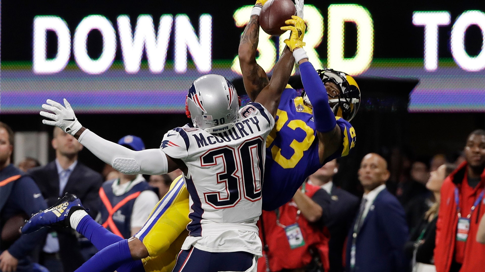 New England Patriots Jason McCourty breaks up a pass intended Los Angeles Rams' Josh Reynolds during the first half of the Super Bowl, in Atlanta, February 3. 2019.