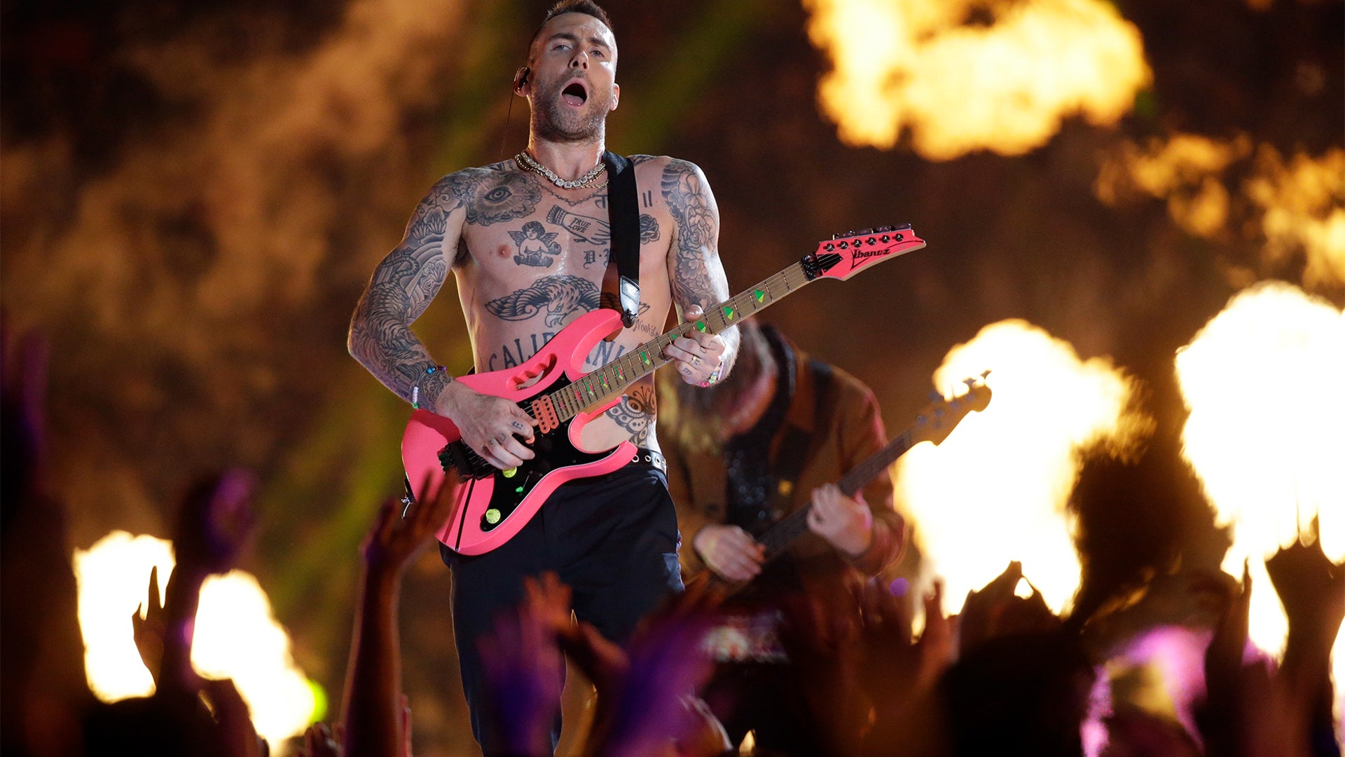 Adam Levine of Maroon 5 performs during halftime of the NFL Super Bowl 53 football game between the Los Angeles Rams and the New England Patriots Sunday, Feb. 3, 2019, in Atlanta. (AP Photo/Mark Humphrey)