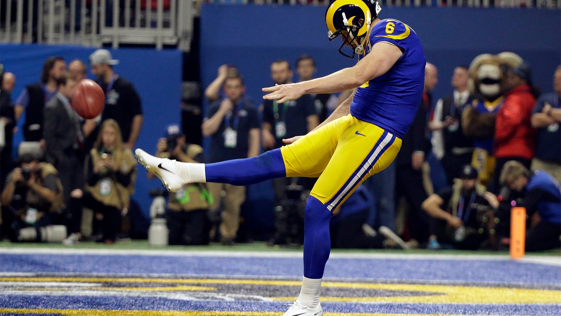 Los Angeles Rams Johnny Hekker kicks a 65-yard punt during the second half of the Super Bowl in Atlanta, February 3. 2019.
