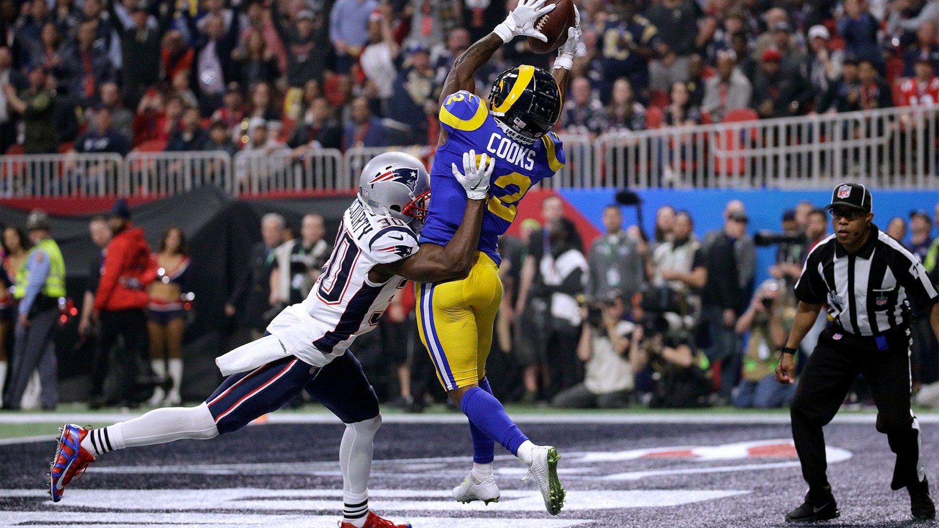 New England Patriots Jason McCourty breaks up a pass intended for Los Angeles Rams' Brandin Cooks in the Super Bowl in Atlanta, February 3. 2019.