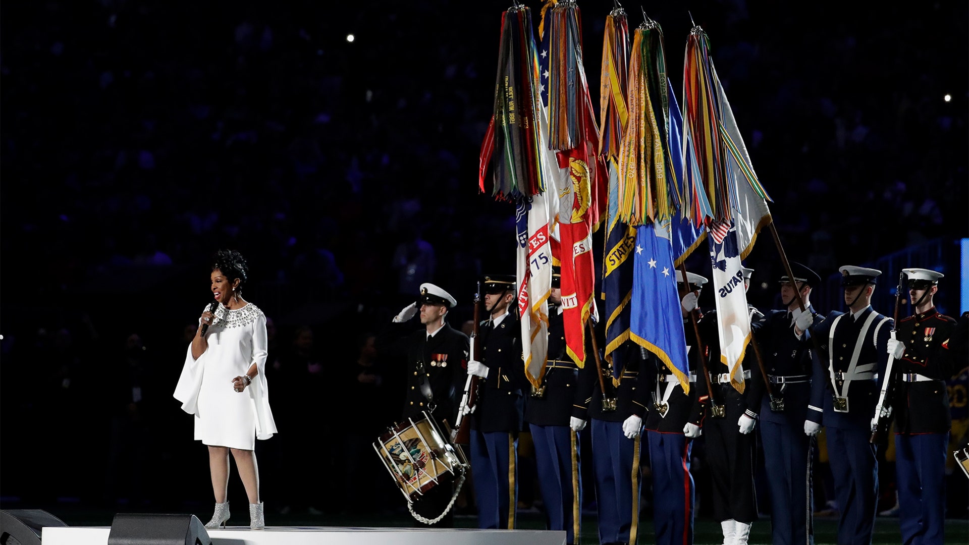 Gladys Knight sings the national anthem at the Super Bowl in Atlanta, February 3. 2019.