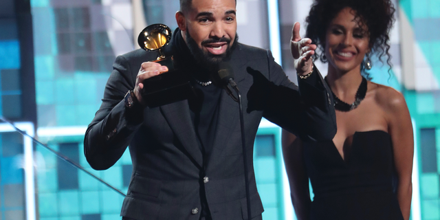 Drake accepts the award for best rap song for "God's Plan" at the 61st annual Grammy Awards on Sunday, Feb. 10, 2019, in Los Angeles.