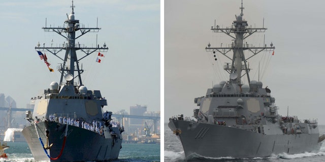 The Navy sent USS Preble, left, and USS Spruance, right, near the Chinese manmade island of Mischief Reef in the South China Sea, the location of several territorial conflicts that have raised tensions in the region. (Mass Communication Specialist Seaman Apprentice Joshua Leonard / U.S. Navy photo)